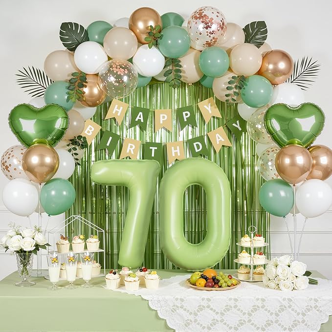 Sage Green 70th Birthday Decorations for Women Men, 70 Years Loved Milestone Party Supplies, Sand White & Cream Balloon Kit with Green Number 70 Balloon and Fringe
