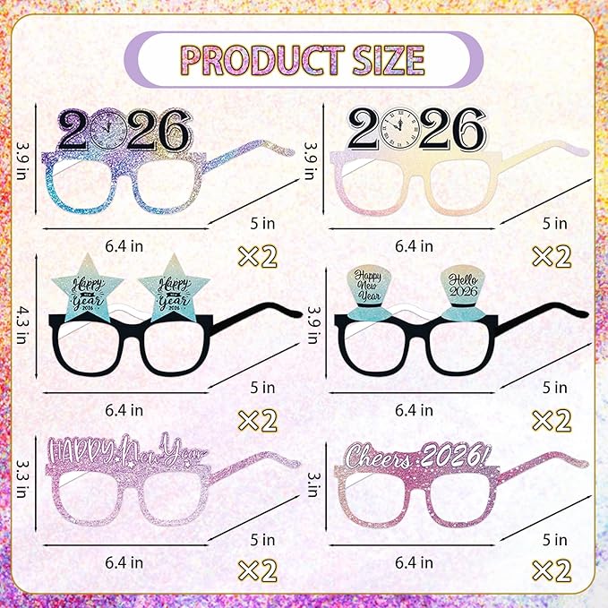 12PCS New Year Glasses, Funny New Years Eve Party Paper Glasses Photo Booth Props 2026 Eyeglasses Frames for NYE Party Supplies Decorations 2026