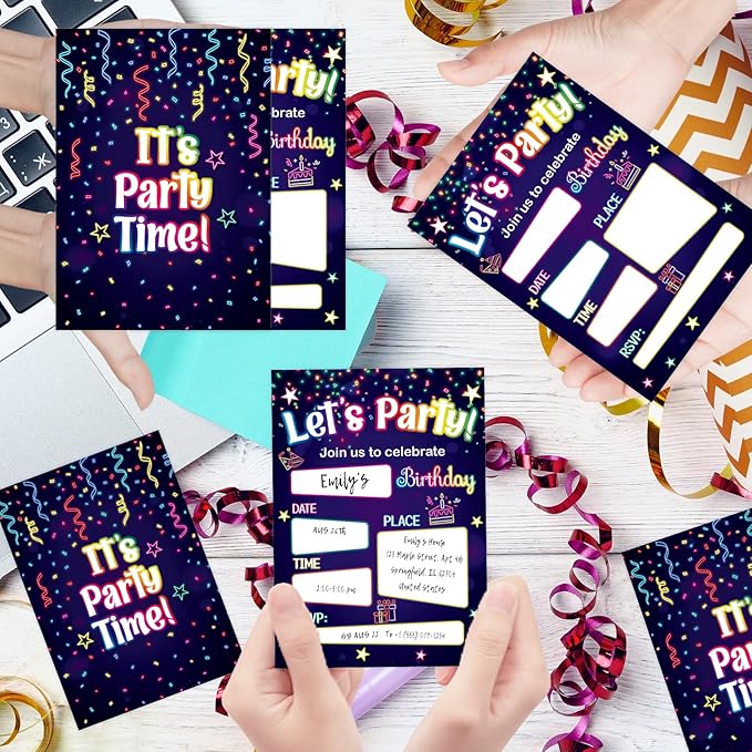 WorldBazaar Neon Birthday Invitations With Envelopes 20 Pack Let's Glow Theme Kids Birthday Party Invitation For Boys Girls Birthday Party Supplies