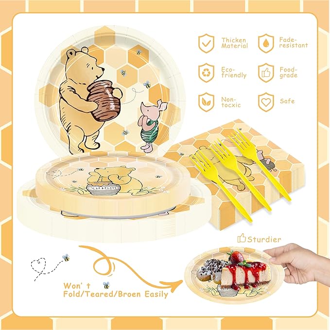 120pcs Winnie Plates and Napkins Classic Bear Baby Shower Disposable Cups Yellow Forks Paper Tableware Set Good for Baby Shower Decorations Serves 24 Guests
