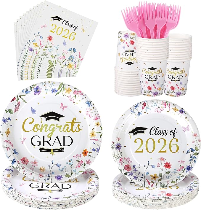 Kochorie 144 Pieces Class of 2026 Graduation Party Supplies, Congrats Grad Tableware Sets Including Disposable Paper Plates Napkins Cups Forks Serves 24 for Floral Graduation Party Decorations