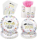 Kochorie 144 Pieces Class of 2026 Graduation Party Supplies, Congrats Grad Tableware Sets Including Disposable Paper Plates Napkins Cups Forks Serves 24 for Floral Graduation Party Decorations