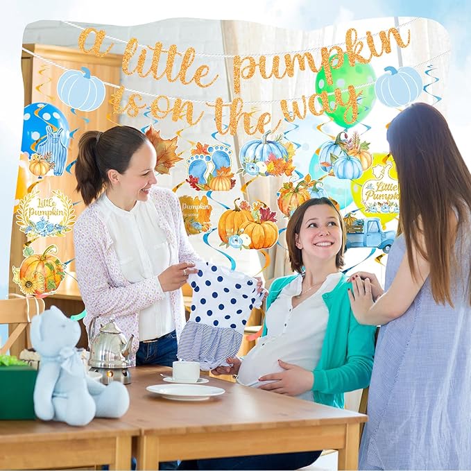 26 Pcs Little Pumpkin Baby Shower Banner Sign with 12 Hanging Swirls A Little Pumpkin Is on the Way Banner Fall Blue Hanging Decorations for Gender Reveal Theme Party Supplies