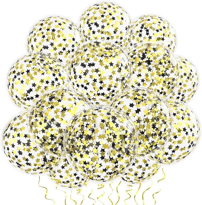 VHUWE 25 Pcs Black Gold Star Confetti Balloons, 12 Inch Clear Latex Balloon with Confetti Inside for Birthday Party Baby Shower Graduation Engagement Bridal Shower Decorations Supplies - Star Confetti