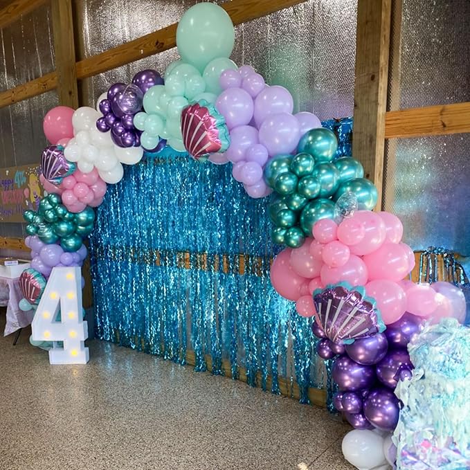 Mermaid Balloon Garland Arch Kit, 106 Packs Metallic Purple Pink Green Blue Latex Balloons with Mermaid Tail Seashell Foil Balloons for Girls Birthday, Baby Shower Party Decorations