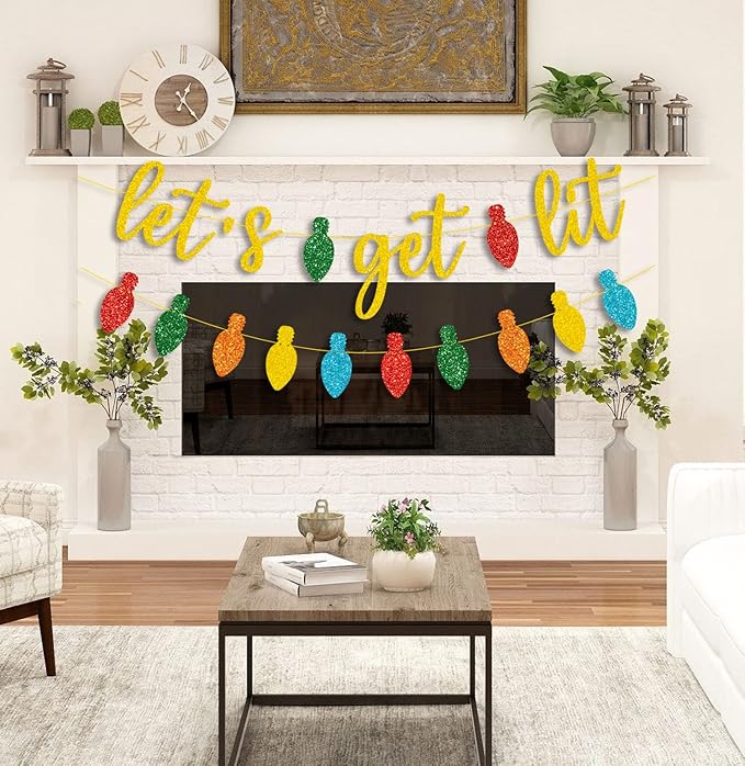 JOZON Gold Glittery Let's Get Lit Banner and and Colorful Glittery Christmas Lightbulb Themed Banner Christmas Garland Signs Christmas Holiday Party Supplies for Mantle Fireplace Wall