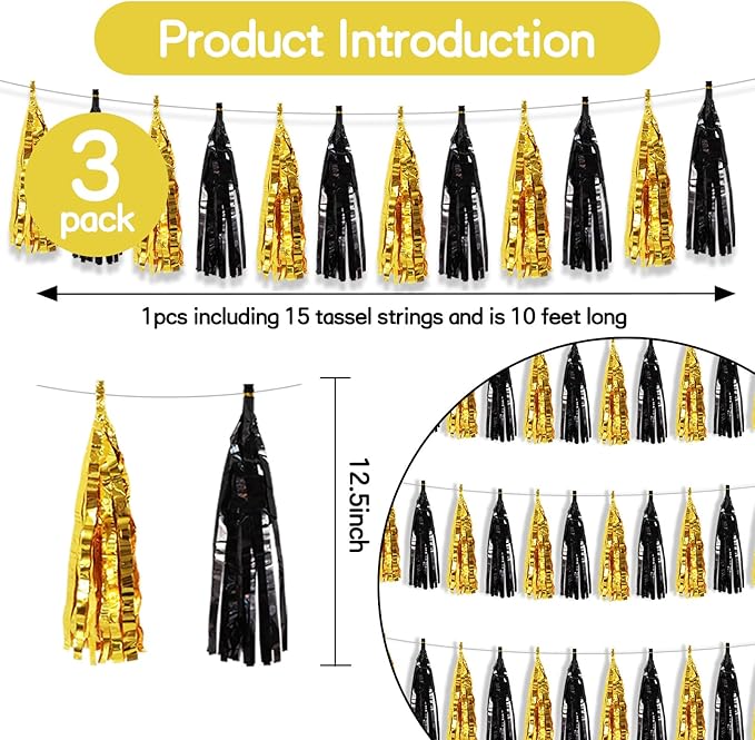 BEISHIDA 3 Packs Black Gold Metallic Foil Fringe Tassel Garland, Tassels Banner Streamers for New Year Graduation Birthday Wedding Engagement Bridal/Baby Shower Christmas Holiday Party Decoration