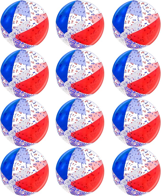 12 Pack 16" Inflatable Patriotic Beach Balls,4th of July Red White and Blue Stars Glitters Beach Ball Bulk,250th Anniversary Pool Toys for Kids & Adults Summer Swimming Pool Beach Party Game Water Toy