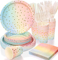 200 Pcs Pastel Party Decorations,Golden Dot Disposable Paper Plates Set,Pastel Plates and Napkins Party Supplies for Birthday Baby Shower Wedding Rainbow Party