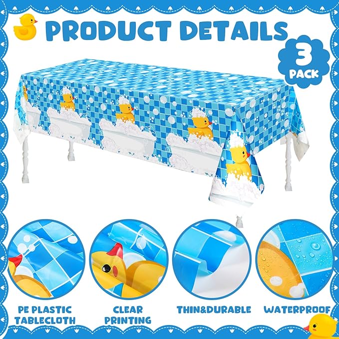 Oudain 3 Pcs Plastic Yellow Duck Tablecloth Disposable Cute Bubble Rubber Yellow Ducky Table Cover for Birthday Party Decorations Supplies, 51 x 86.6 Inch