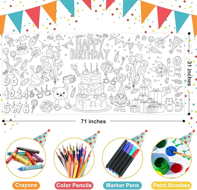 Happy Birthday Giant Coloring Poster 71 x 31 inches Large Birthday Party Coloring Tablecloth for Kids, DIY Cake Balloons Hats Banners Coloring Party Activity Poster & Table Cover,Jumbo Coloring Banner