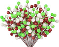 HOHOTIME 24 Pack Artificial Berry Stems Branches, Christmas Faux Red Fluorescent Green White Holly Colorful Berries Branch Ornaments for Christmas Tree Wreath DIY Craft Decorations Holiday Home Decor