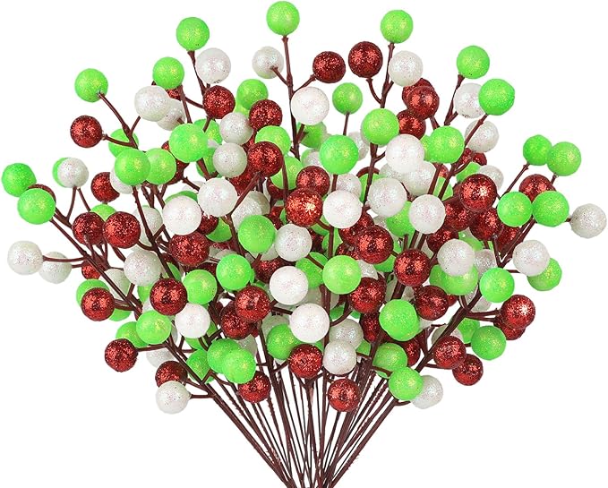 HOHOTIME 24 Pack Artificial Berry Stems Branches, Christmas Faux Red Fluorescent Green White Holly Colorful Berries Branch Ornaments for Christmas Tree Wreath DIY Craft Decorations Holiday Home Decor