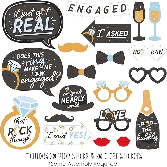 Big Dot of Happiness Engagement Photo Booth Props Kit - 20-Piece Props Set, Premium Party Photography Accessories, Celebration Decorations, DIY Assembly with Sticks and Adhesives - Black and White