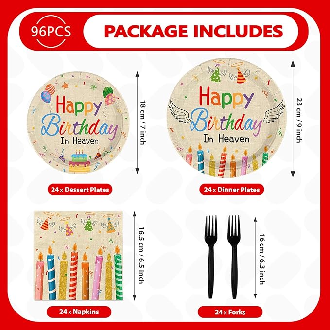 96 Pcs Happy Birthday in Heaven Party Supplies Colorful Happy Birthday Plates and Napkins Disposable Funeral Memorial Tableware Set for Sympathy Grave Cemetery Party Decorations Serves 24