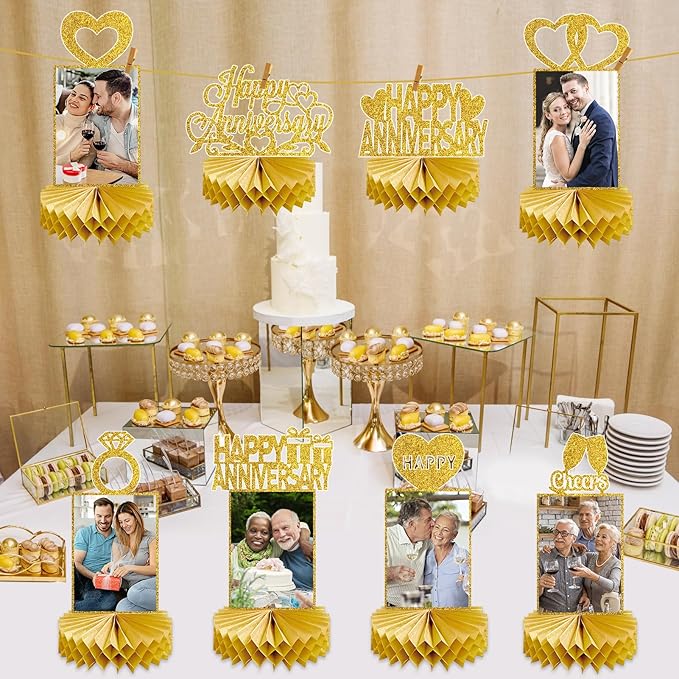 8Pcs Gold Happy Wedding Anniversary Decorations Honeycomb Centerpiece, Gold Glitter Anniversary Photo Table Centerpiece Party Supplies, 25th 30th 40th 50th 60th Gold Anniversary Table Topper