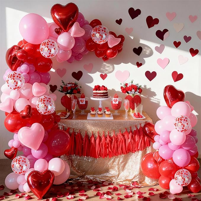 Valentine's Day Balloons Garland Arch Kit, 127Pcs Pink Red Rose Red Balloon with Red Pink Heart Foil Balloon for Valentine's Day Galentines Mother's Day Wedding Engagement Anniversary Party Decoration