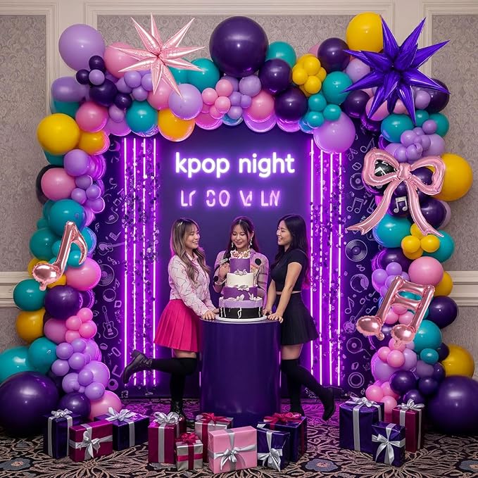 Purple pink Balloon Arch Garland Kit with Bow Star mylar balloons for kpop music Birthday Decorations Y2K Concert Movies Tv fans Prom Party Supplies (Purple pink)
