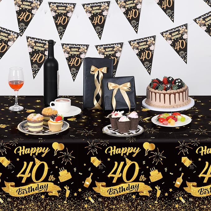 3 Pack 40th Birthday Plastic Tablecloth, 54x108 Inch Black Gold Disposable Rectangle Table Cover Waterproof Table Cloth for Birthday 40 Anniversary Party Supplies