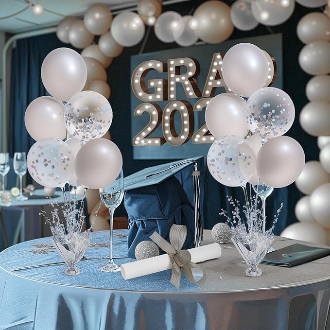 6 Set Silver Table Balloons Centerpiece Stand Kit with Silver and Confetti Balloons for Graduation Birthday Party Baby Shower Wedding Bridal Shower Prom Table Decorations