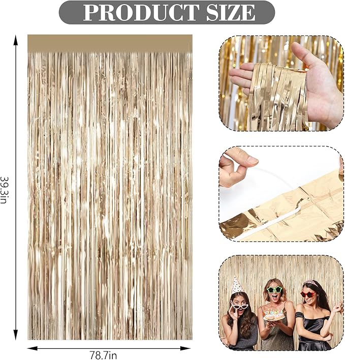 2 Pack Champagne Gold Foil Fringe Curtains, 3.3ft x 6.6ft Streamer Foil Curtain, Tinsel Backdrop for Birthday Party, Christmas Decor, Wedding Engagement Baby Shower Bachelorette Party Decorations