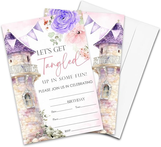Castle Birthday Party Invitations - Let's Get Tangled Up In Some Fun - 20-Pack of 4''x6'' Invite Cards with Envelopes, Birthday Party Celebrate Supplies & Decoration For Teens Girls Boys - A09