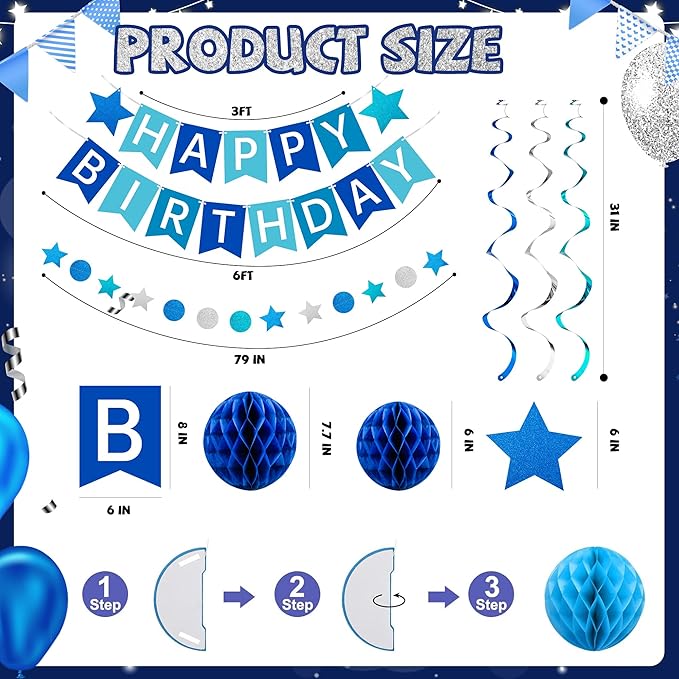 Birthday Decorations, Happy Birthday Banner with Honeycomb Balls, Swirls Set Happy Birthday Decorations Sign for Men Women Boys Girls Birthday Party Supplies Kit for Indoor Outdoor