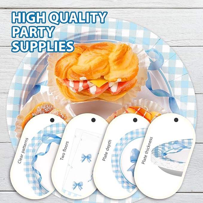 96Pcs Blue Bow Birthday Decorations Blue and White Gingham Plaid Plates and Napkins Sets Coquette Party Decorations for Girls Boys Baby Shower Summer Picnic BBQ Barbecue Party Supplies Serve 24