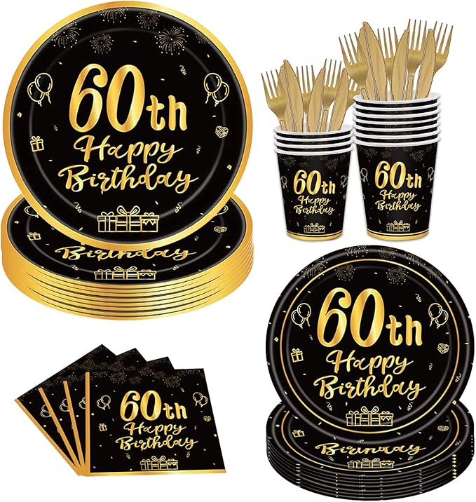 144PCS 60th Birthday Plates and Napkins Birthday Party Supplies 60th Birthday Party Decorations for Men Women Disposable Party Tableware Including Paper Plates Napkins Cups Forks Serve 24
