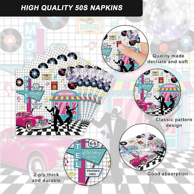 120pcs 50's Theme Party Supplies Back To 1950's Sock Hop Birthday Party Decoration Retro Rock And Roll Tableware Fabulous For Serves 20 Guests