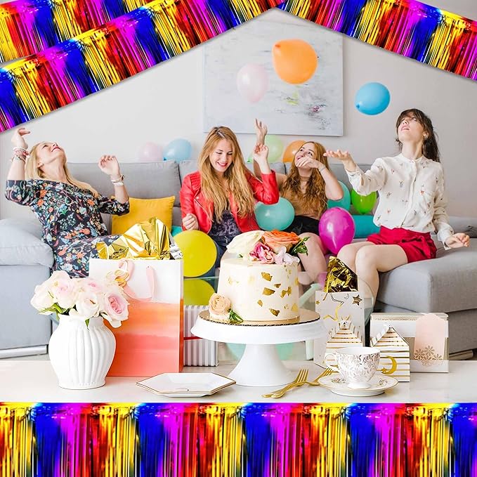 3 Pack 10 Ft Rainbow Foil Fringe Garland Metallic Streamers Tinsel Banner Wall Hanging Garland Backdrop for Parade Floats, Halloween, Christmas, Thanksgiving, New Year Party Decorations