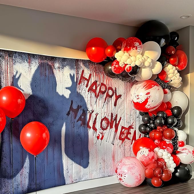 Scary Halloween Balloon Arch Garland Kit, Black Red and Apricot Horror Party Balloons with 3D Spider Decor, Clear Balloon with Blood for Halloween Spooky Zombie Horror Themed Birthday Decorations