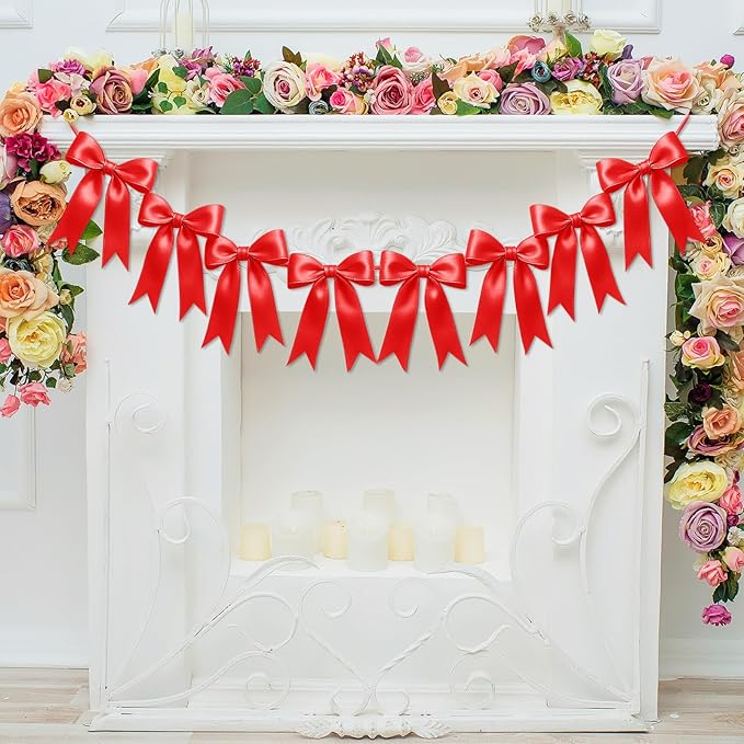 2 Strings of 16PCS Red Bow Garlands Banner Decoration,Pre-Strung Satin Ribbon Ornaments for Birthday,Bachelorette Party, Bridal Shower,Wedding,Engagement, Baby Shower,Graduation Decor,Valentine's Day