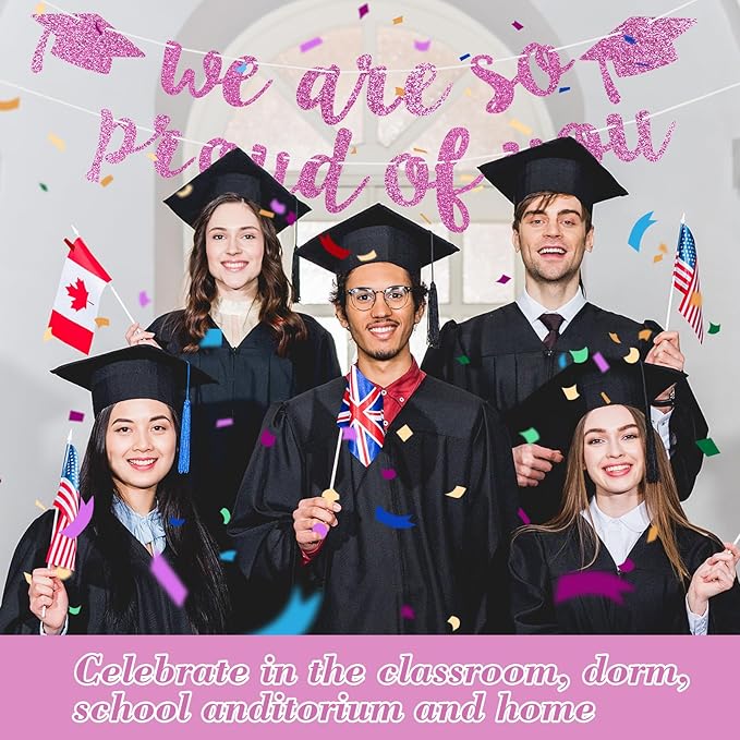 2026 Graduation Decorations Pre-Strung Blingbling We Are So Proud of You Banner Glitter Graduation Garland for Class of 2026 High School College Grad Party (Pink)