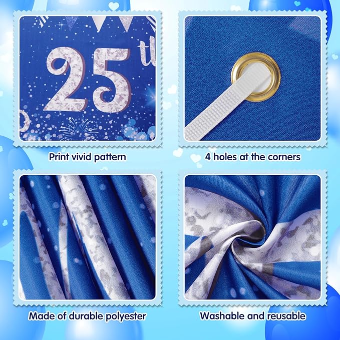 Blue Silver 25th Anniversary Decorations for Men Women, Blue Happy 25th Anniversary Banner and 18Pcs Balloons for 25 Years Silver Wedding Party Decoration Supplies