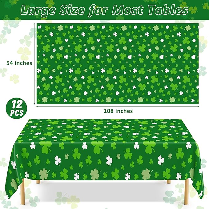 12 PCS St Patricks Day Tablecloth, Disposable 108" X 54" Shamrock Green Plastic Tablecloths, Lucky Shamrock Decor St Patricks Day Decorations for Table, Rectangle Irish Table Cover for Green Party