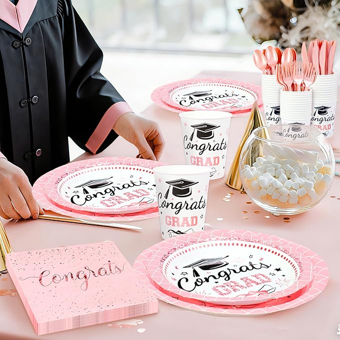Whaline 175 Pcs Graduation Paper Plates and Napkins Set Dinnerware Pink Congrats Grad Disposable Tableware Cups and Cutlery for 25 Guests Graduates Party Supplies
