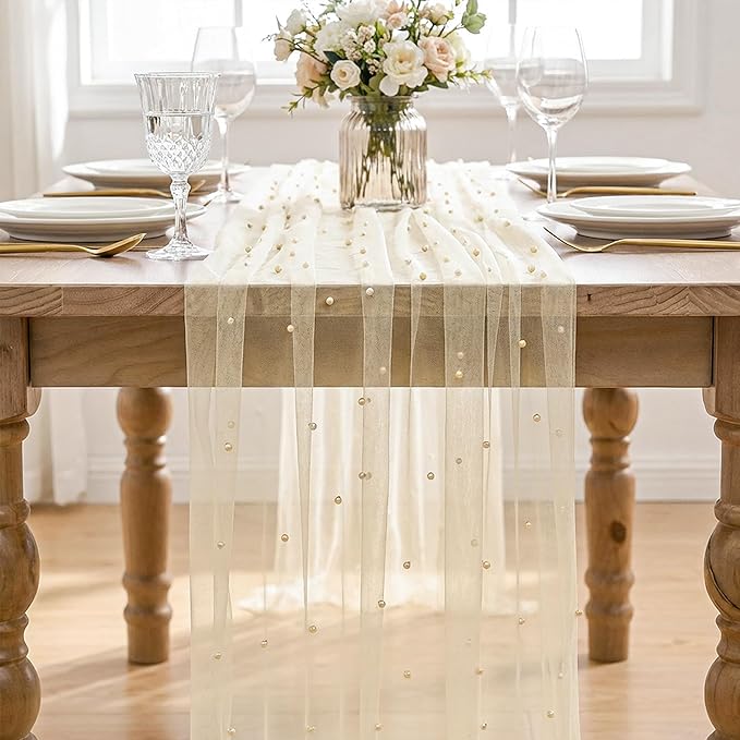 Artoid Mode 6PCS Pearl Champine Gauze Table Runner 120 Inch 10FT, Seasonal Sheer Dining Holiday Wedding Birthday Baby Shower Table Decor for Home Party