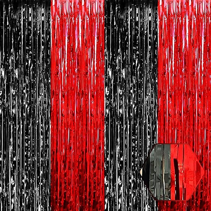3 Pack Black Red Foil Fringe Curtain Backdrop, 3.28Ft x 8.2Ft Metallic Tinsel Foil Fringe Streamer Curtains for Photo Booth, Christmas Day, New Year, Wedding Party Decorations