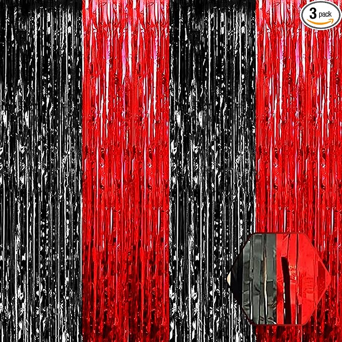 3 Pack Black Red Foil Fringe Curtain Backdrop, 3.28Ft x 6.6Ft Metallic Tinsel Foil Fringe Streamer Curtains for Photo Booth, Christmas Day, Thanksgiving, Wedding, New Year Party Decorations