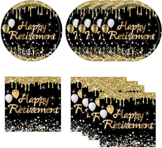40PCS Retirement Party Plates Napkins Set, Black and Gold Happy Retirement Cake Plates Dinnerware 20 Guests Disposable Party Supplies Decoration for Women Men