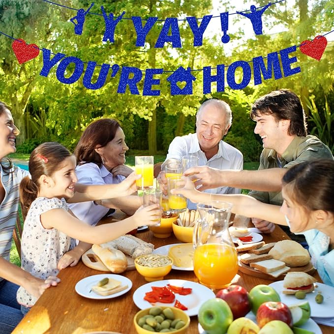 Tellpet Pre-Strung Yay! You’re Home Banner, NO DIY Glitter Welcome Home Decorations for Military Army Returning Homecoming Party, Blue
