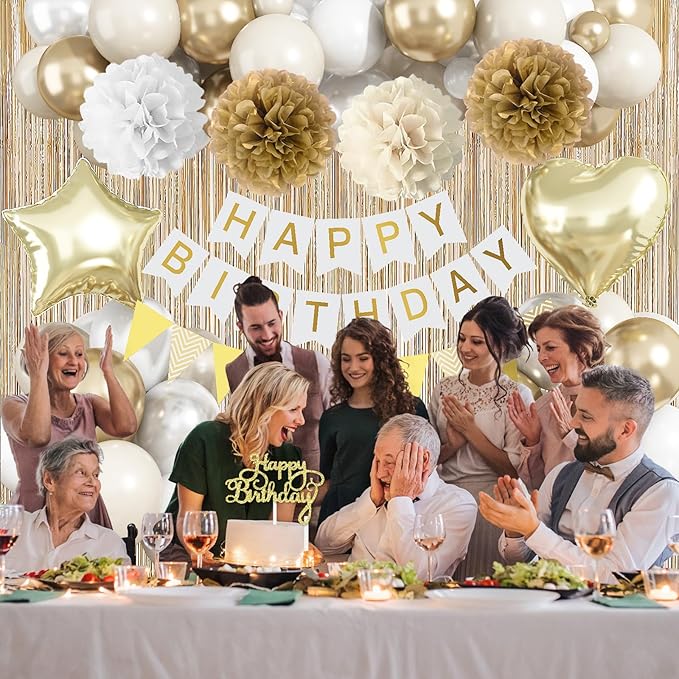 White Gold Birthday Decorations, Beige Gold Party Décor with Foil & Latex Balloons Sash Fringe Curtains Happy Birthday Banner Cake Topper Paper Pompoms Party Decor for Women Girl