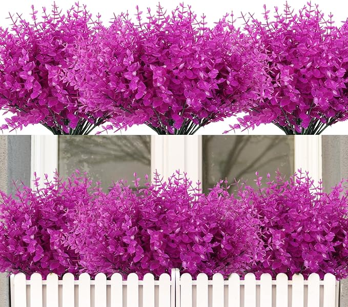RECUTMS 12 Branches Fake Outdoor UV Resistant Plants Artificial Boxwood Plants Fake Flowers for Outdoor Faux Plastic Greenery Shrubs for Spring Garden Patio Window Box Home Decor(Pure Fuchsia)