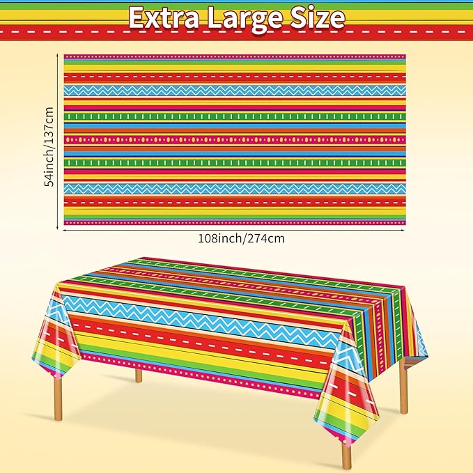 2 Pcs Cinco De Mayo Table Cloths 54 x 108 Inch Mexican Taco Night Colorful Stripe Patterns Plastic Disposable Rectangle Tablecloth for Fiesta Dining Picnic Party Table Cover Supplies