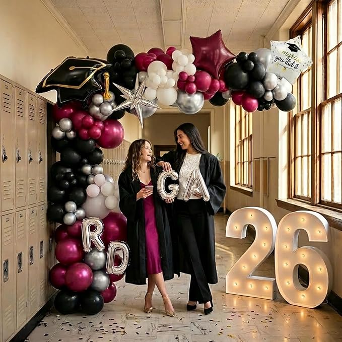 Maroon Black white Silver Graduation Balloon Garland Arch Kit with Graduation Star print Certificate Letter Mylar Foil Balloons for Graduate Class of 2026 Grad Prom party Decorations Supplies