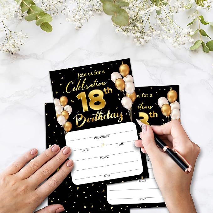 18th Birthday Invitation Cards with Envelopes - Classic Gold Theme Fill in The Blank Birthday Party Invite Cards, for Man, Woman Young People Banquet Party Supplies, 20 Invites With Envelopes - B7