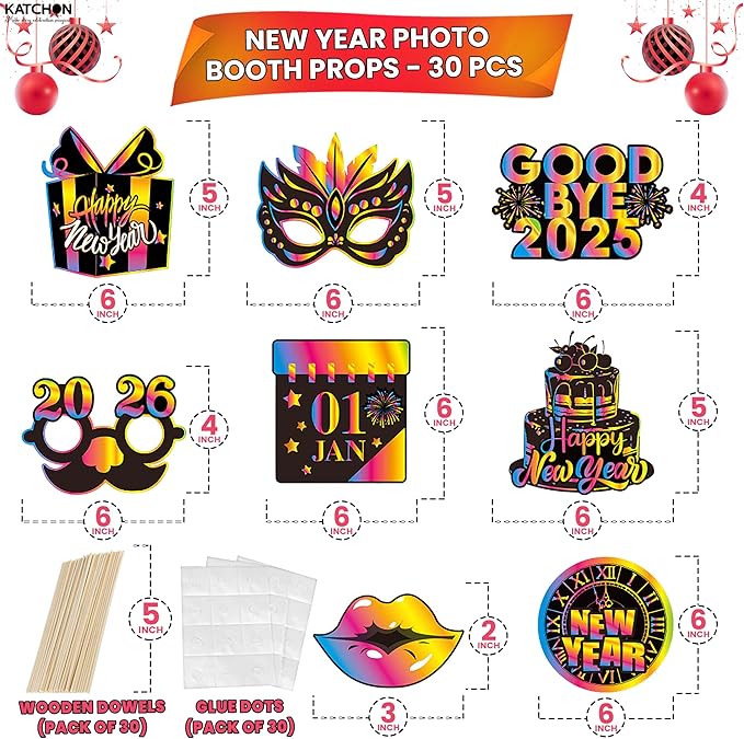 KatchOn, New Years Photo Booth Props 2026 - Pack of 30 | Neon New Years Eve Photo Booth Props for Happy New Years Decorations 2026 | New Years Eve Party Supplies 2026 | NYE Decorations 2026