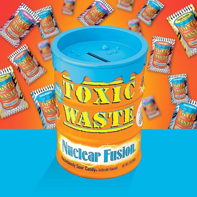 TOXIC WASTE - Nuclear Fusion Hazardously Sour Candy - Raspberry-Lemon, Pineapple-Passionfruit, Grape-Strawberry, Banana-Blueberry, & Orange-Apple Flavors - 3 oz. Coin Bank