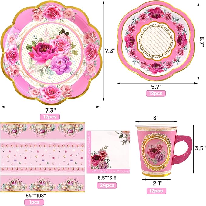 WorldBazaar Tea Party Disposable Tableware Set Pink Tea Party Supplies 12 Sets Floral Paper Tea Cups and Saucers Plates Napkins Tablecloth Pink Birthday Table Decorations Women Girls Adults